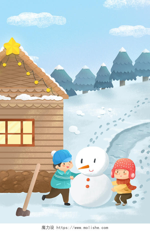 立冬元素手绘二十四节气立冬下雪天堆雪人的孩子背景海报素材